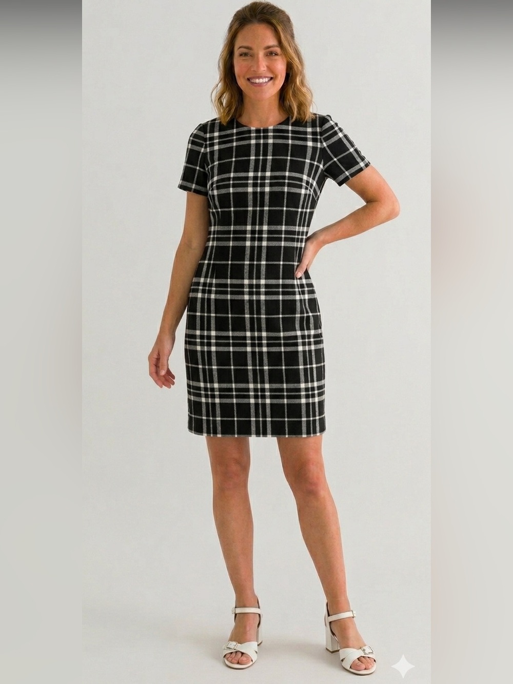 Calvin Klein Black and White Plaid Sheath Dress Workwear Dress Black White- 8